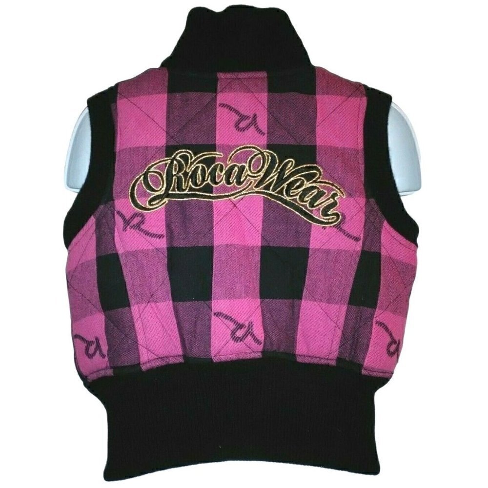 Roca Wear Girls Zip Front Quilted Vest Size 4 Pink Black Plaid